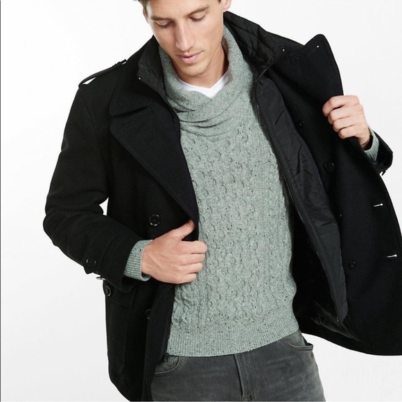 Y2K Express wool pea coat black classic double breasted biased zippered pockets - Picture 4 of 16